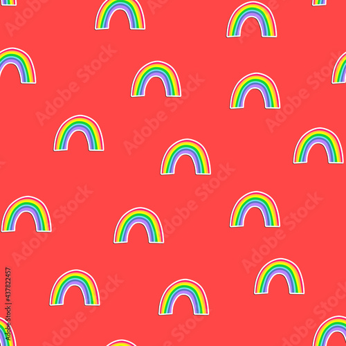 Trendy seamless pattern with colorful rainbow on pink background. Design for invitation, poster, card, fabric, textile, fabric. Cute holiday illustration for baby. Doodle style