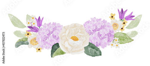 watercolor white camellia and purple  hydrangea flower bouquet