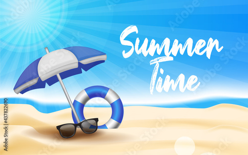 Summer time text with Sea beach background