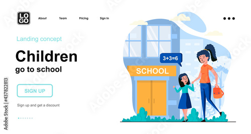 Children go to school web concept. Mother takes her daughter to school in morning. Primary education. Template of people scene. Vector illustration with character activities in flat design for website
