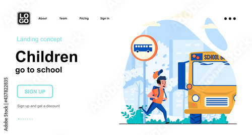 Children go to school web concept. Boy hurrying to school bus. Schoolboy is late for lessons. Template of people scene. Vector illustration with character activities in flat design for website