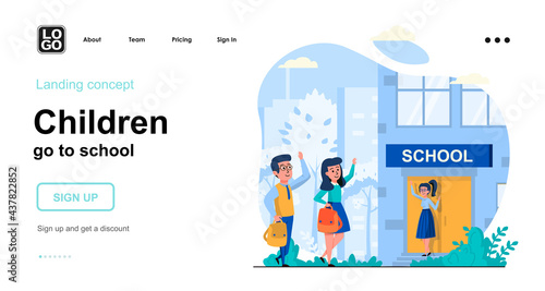 Children go to school web concept. Schoolchildren go to lessons together. Teacher greets pupils. Template of people scene. Vector illustration with character activities in flat design for website