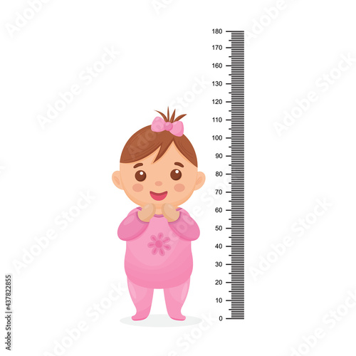 Kids meter wall with a cute cartoon girl and measuring ruler. Vector illustration of an girl isolated background.