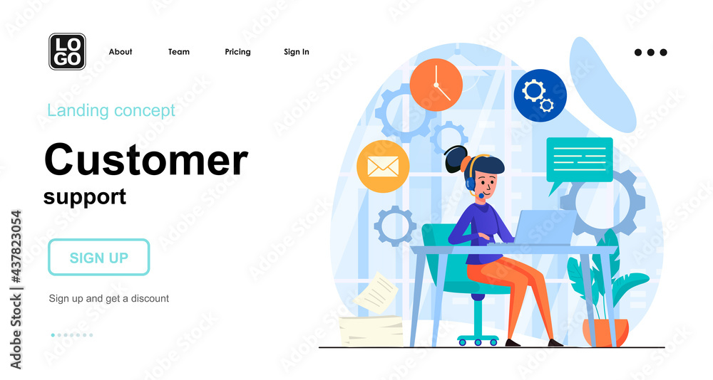 Customer support web concept. Call center operator advises clients, online communication, hotline. Template of people scene. Vector illustration with character activities in flat design for website Customer support web concept. Call center operator advises clients, online communication, hotline. Template of people scene. Vector illustration with character activities in flat design for website