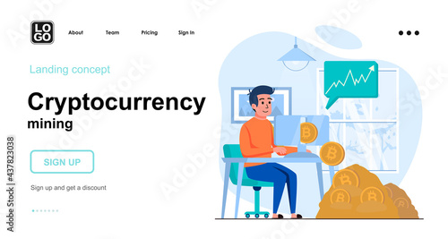 Cryptocurrency mining web concept. Man works in crypto business, earns bitcoins, increases income. Template of people scene. Vector illustration with character activities in flat design for website