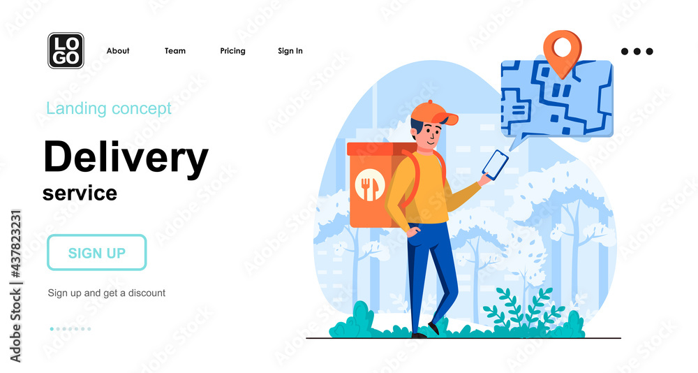 Delivery service web concept. Courier with bag carries food order to client at home, tracking parcel. Template of people scene. Vector illustration with character activities in flat design for website Delivery service web concept. Courier with bag carries food order to client at home, tracking parcel. Template of people scene. Vector illustration with character activities in flat design for website