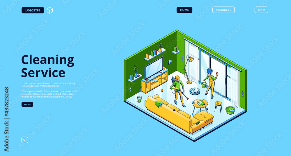 Cleaning service isometric landing page, cleaners in uniform with equipment washing windows and floor in living room. Professional mopping, rub, sweeping home work, 3d vector line art web banner Cleaning service isometric landing page, cleaners in uniform with equipment washing windows and floor in living room. Professional mopping, rub, sweeping home work, 3d vector line art web banner