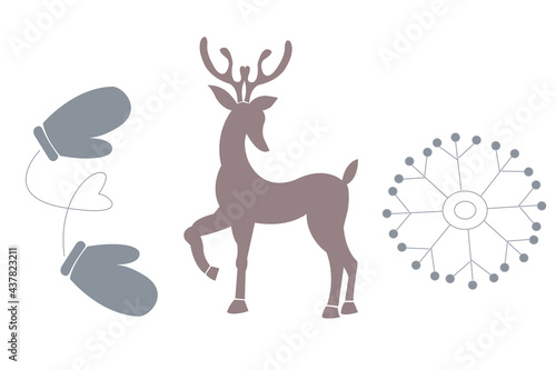 Vector set of christmas icons of deer with snowflakes and mittens for cute postcard, logo, invitations, greeting cards