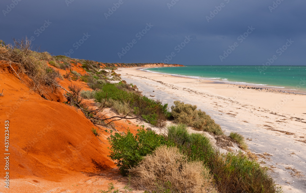 Strom clouds rolling in towards Bottle Bay beach at Francois Peron National Park at Shark Bay, Western Australia