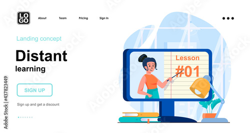 Distant learning web concept. Online training from computer. Teacher tells lecture in video lesson. Template of people scene. Vector illustration with character activities in flat design for website