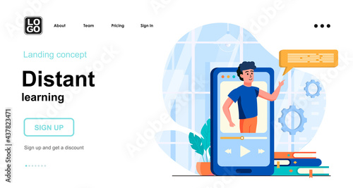 Distant learning web concept. E-learning from smartphone. Teaching in video lesson. Online education. Template of people scene. Vector illustration with character activities in flat design for website