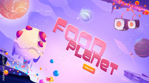 Fast food planet cartoon landing page with salmon fish and onion spheres, caviar and sushi over alien landscape with funny ice cream tree and candies. Cosmic fantasy space adventure, vector web banner