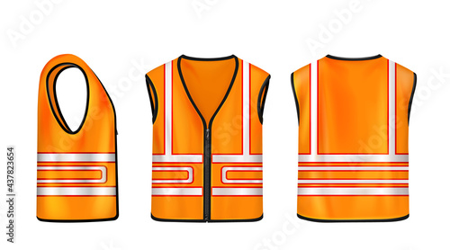 Safety vest front, side and back view, orange sleeveless jacket with reflective stripes for road works, waistcoat mockup with fluorescent protective design elements Realistic 3d vector mock up, set
