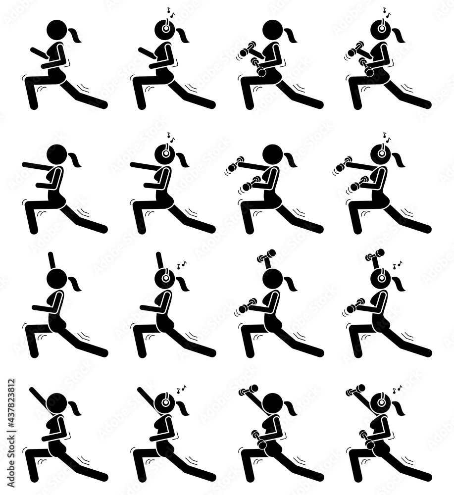 Woman exercise in different poses. Black stick figures exercising. Vector print illustration Woman exercise in different poses. Black stick figures exercising. Vector print illustration