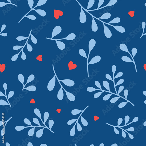 Seamless pattern  of leaves twigs and red hearts. Hand drawn doodle fabric, gift wrap, wall art design.