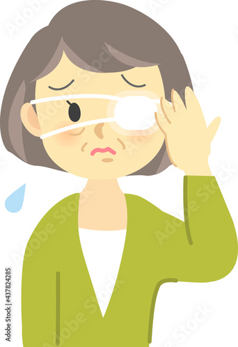 イラスト素材：ケガシリーズ　年配女性が眼帯をつけて痛がっている姿

