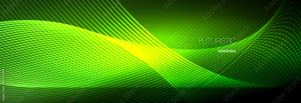 Abstract neon glowing light in the dark with waves. Shiny magic energy and motion concept, vector abstract wallpaper background Abstract neon glowing light in the dark with waves. Shiny magic energy and motion concept, vector abstract wallpaper background