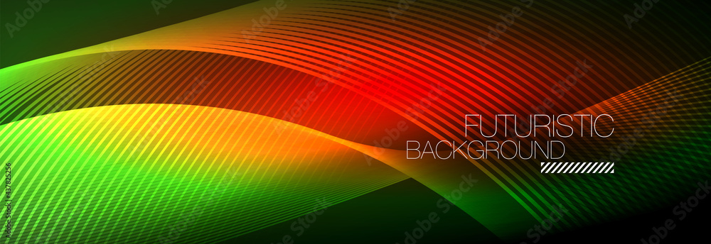 Abstract neon glowing light in the dark with waves. Shiny magic energy and motion concept, vector abstract wallpaper background Abstract neon glowing light in the dark with waves. Shiny magic energy and motion concept, vector abstract wallpaper background