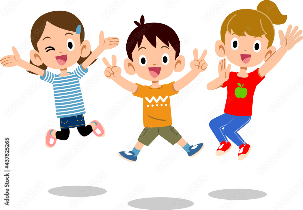 元気にジャンプする男女の子どもたち

