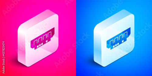 Isometric RAM, random access memory icon isolated on pink and blue background. Silver square button. Vector