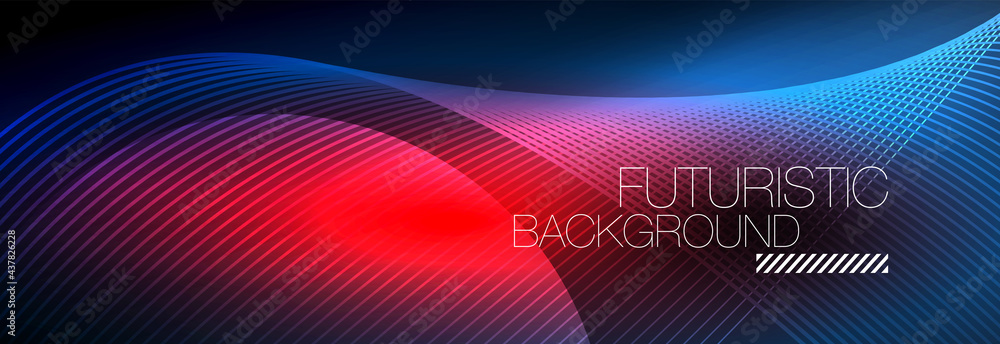 Abstract neon glowing light in the dark with waves. Shiny magic energy and motion concept, vector abstract wallpaper background Abstract neon glowing light in the dark with waves. Shiny magic energy and motion concept, vector abstract wallpaper background