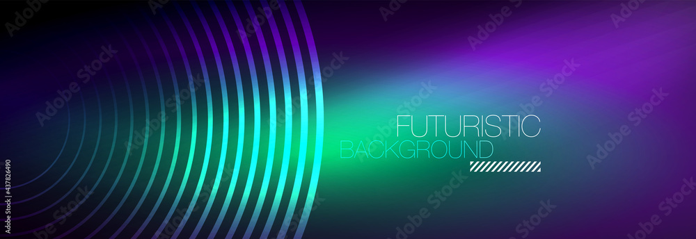 Dark abstract background with glowing neon circles. Trendy layout template for business or technology presentation, internet poster or web brochure cover, wallpaper Dark abstract background with glowing neon circles. Trendy layout template for business or technology presentation, internet poster or web brochure cover, wallpaper