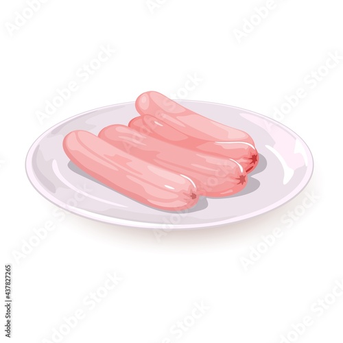 Raw meat sausages served on white plate, uncooked product. Vector ingredient for morning breakfast, fast food, boiled or fried meat, cooking idea. Isolated on white background