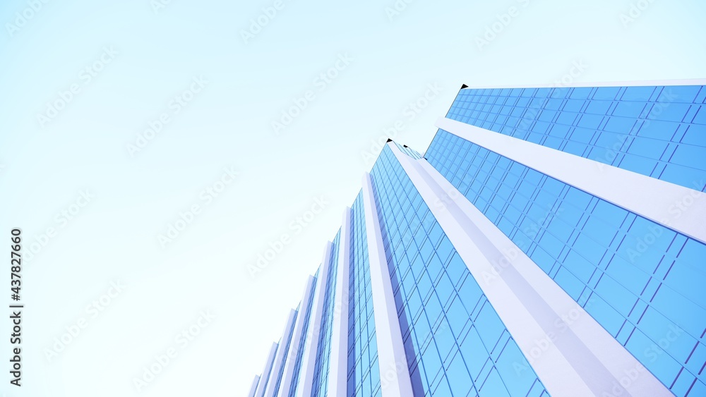 Abstract architectural background of building made of glass and concrete - 3d render. Futuristic modern architecture of glass facade of skyscrapers,urban environment. Industrial Design, office center.