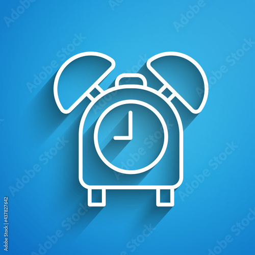 White line Alarm clock icon isolated on blue background. Wake up, get up concept. Time sign. Long shadow. Vector