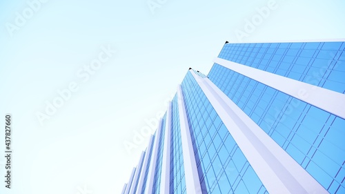 Abstract architectural background of building made of glass and concrete - 3d render. Futuristic modern architecture of glass facade of skyscrapers,urban environment. Industrial Design, office center.
