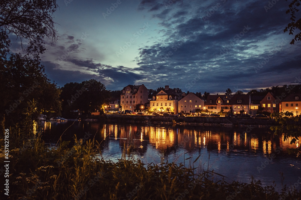 Regensburg, Germany, by night, view over the Danube river