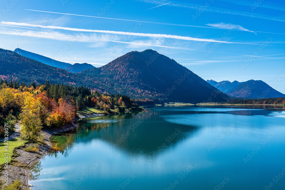 Sylvenstein reservoir lake in autumn, Bad Toelz, Bavaria, Germany, Europe