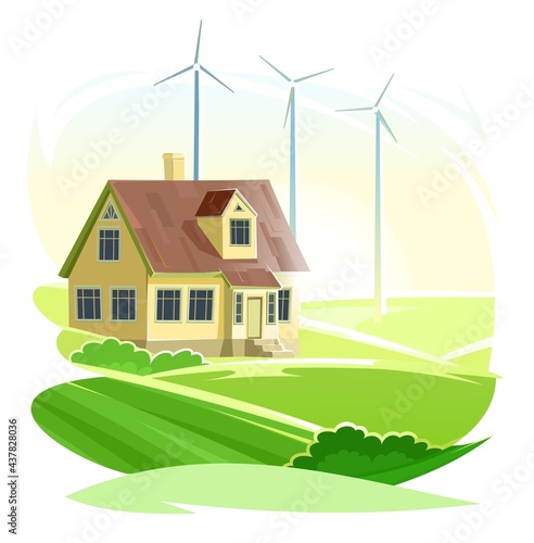 Wind power generator. Country house. Cartoon flat style. Isolated background. An environmentally friendly source of renewable energy. Turbine with blades. Village. In the meadow. Sun and sky. Vector.