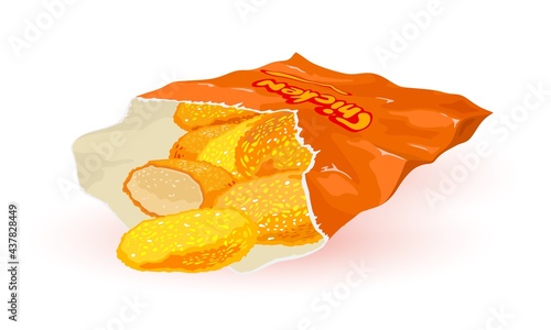 Breaded chicken pieces in paper package, quick lunch, fast food. Vector oily fried product, unhealthy and fatty food, snack. Cooking idea isolated on white background