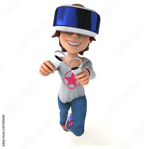 Fun 3D Illustration of a teenage girl with a VR Helmet