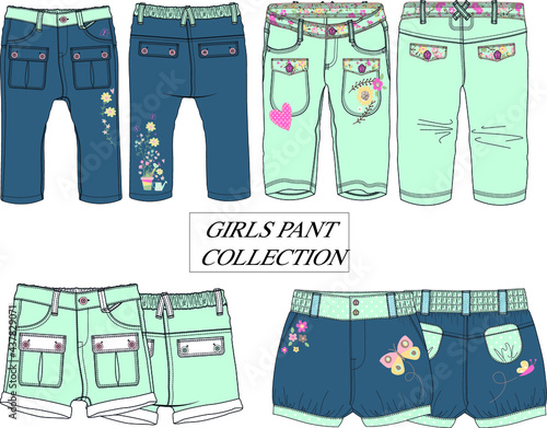 girls pant, pant collection, flat drawings, denim pant, girls pant, isolated, pants 