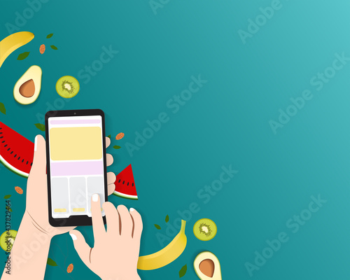 Summer holidays vector illustration. Hand holds smartphone using an application. Vector colorful background with fruits for best summer design.
