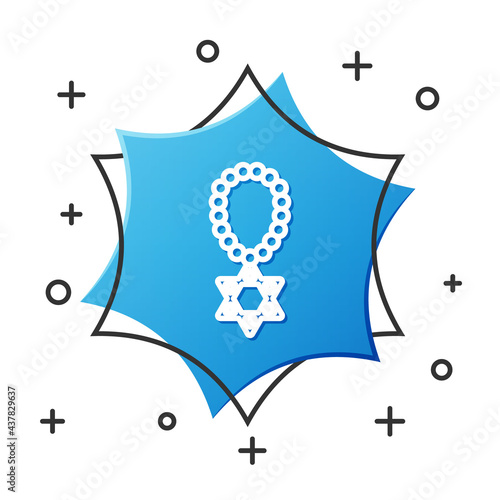 White line Star of David necklace on chain icon isolated on white background. Jewish religion symbol. Symbol of Israel. Jewellery and accessory. Blue hexagon button. Vector