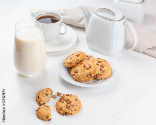 biscuits on plate, coffee and milk