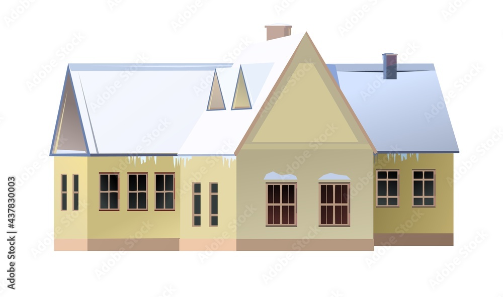 Country house. Winter season. Window. The roof is covered with snow. Gable roof outbuilding. Nice and cozy suburban private home. Flat cartoon style. Vector art Country house. Winter season. Window. The roof is covered with snow. Gable roof outbuilding. Nice and cozy suburban private home. Flat cartoon style. Vector art
