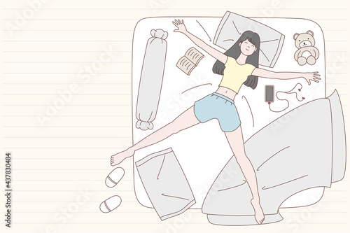 Long-haired woman laying comfortably on the bed in her room. It is a picture in pastel color style.