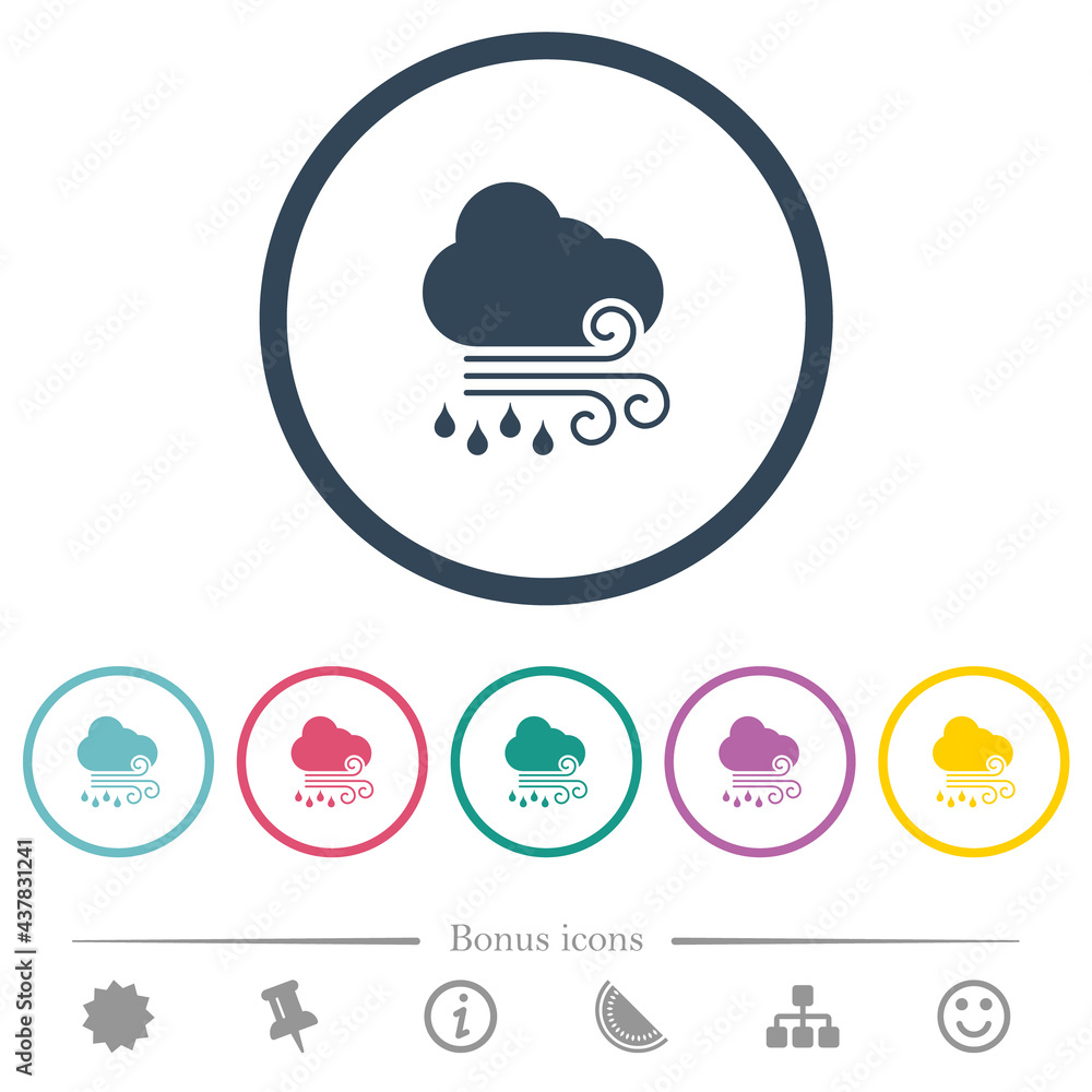Windy and rainy weather flat color icons in round outlines Windy and rainy weather flat color icons in round outlines