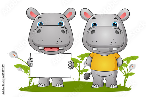 The couple of the happy hippopotamus standing and holding a blank banner in the grass field