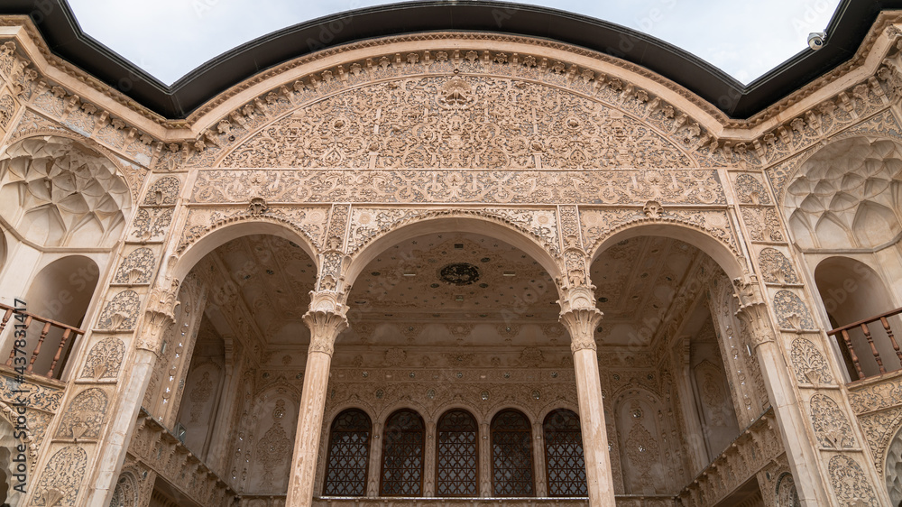 Kashan, Iran - May 2019: Architectural details of Tabatabaei Natanzi Khaneh Historical House. Wonderful Persian architecture. Kashan is a popular tourist destination of the Middle East.