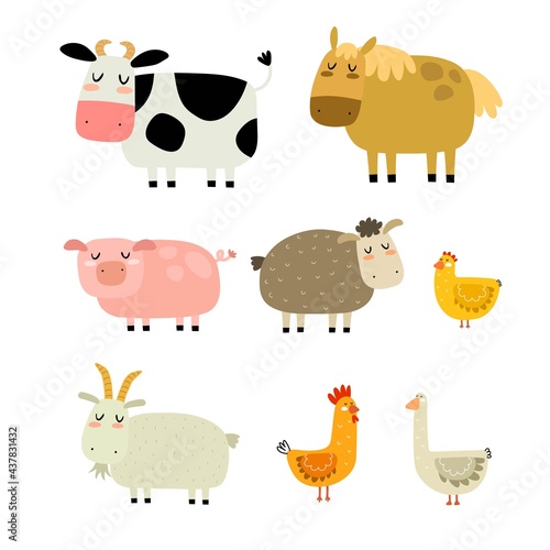 set with cartoon animals. Farm. colorful vector illustration  flat style. design for print  greeting card  poster decoration  cover