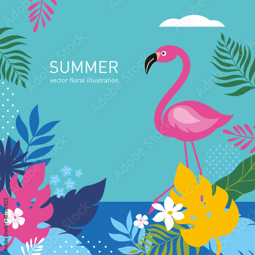 Pink flamingo with jungle exotic leaves. Cartoon vector illustration, poster, art print . Hello summer bright  background	