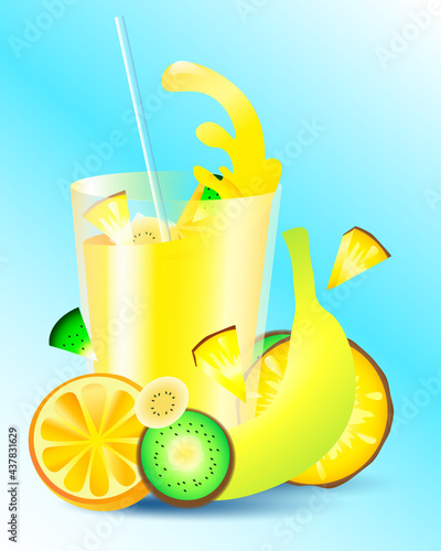 Illustration of glass of multifruit juice. Fresh multifruit juice summer drink
