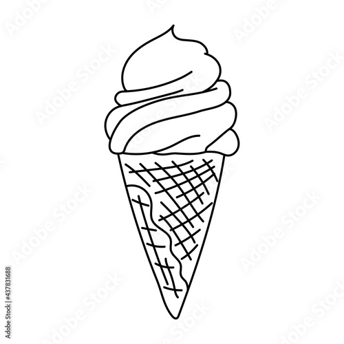 Ice cream. Fast food sketch. Cartoon black and white line illustration. Unhealthy meal. Vector hand drawn icon for restaurant menu or coloring book for kids