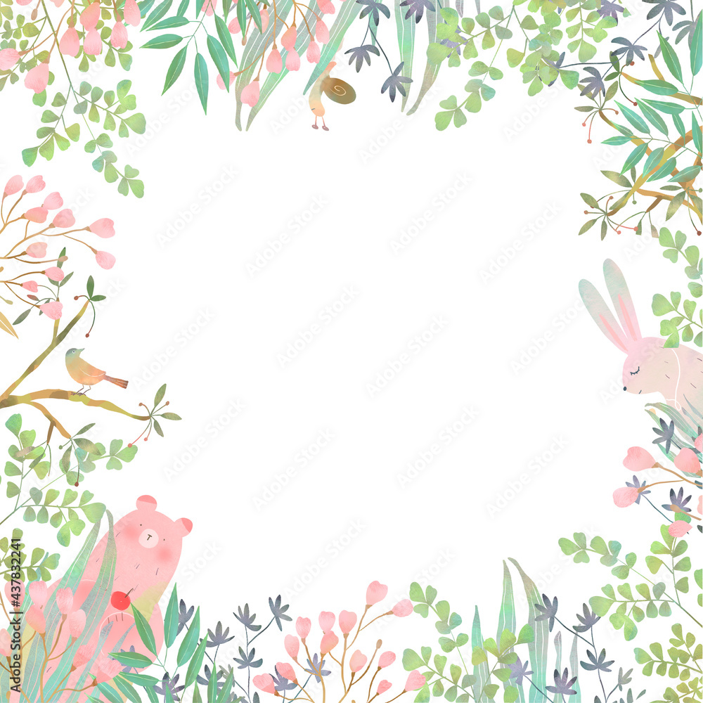 森の動物と植物の北欧風かわいいフレームイラスト素材 Stock Illustration Adobe Stock