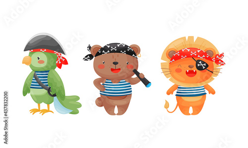 Animals Pirate in Corsair Hat with Crossed Bones and Saber Vector Set